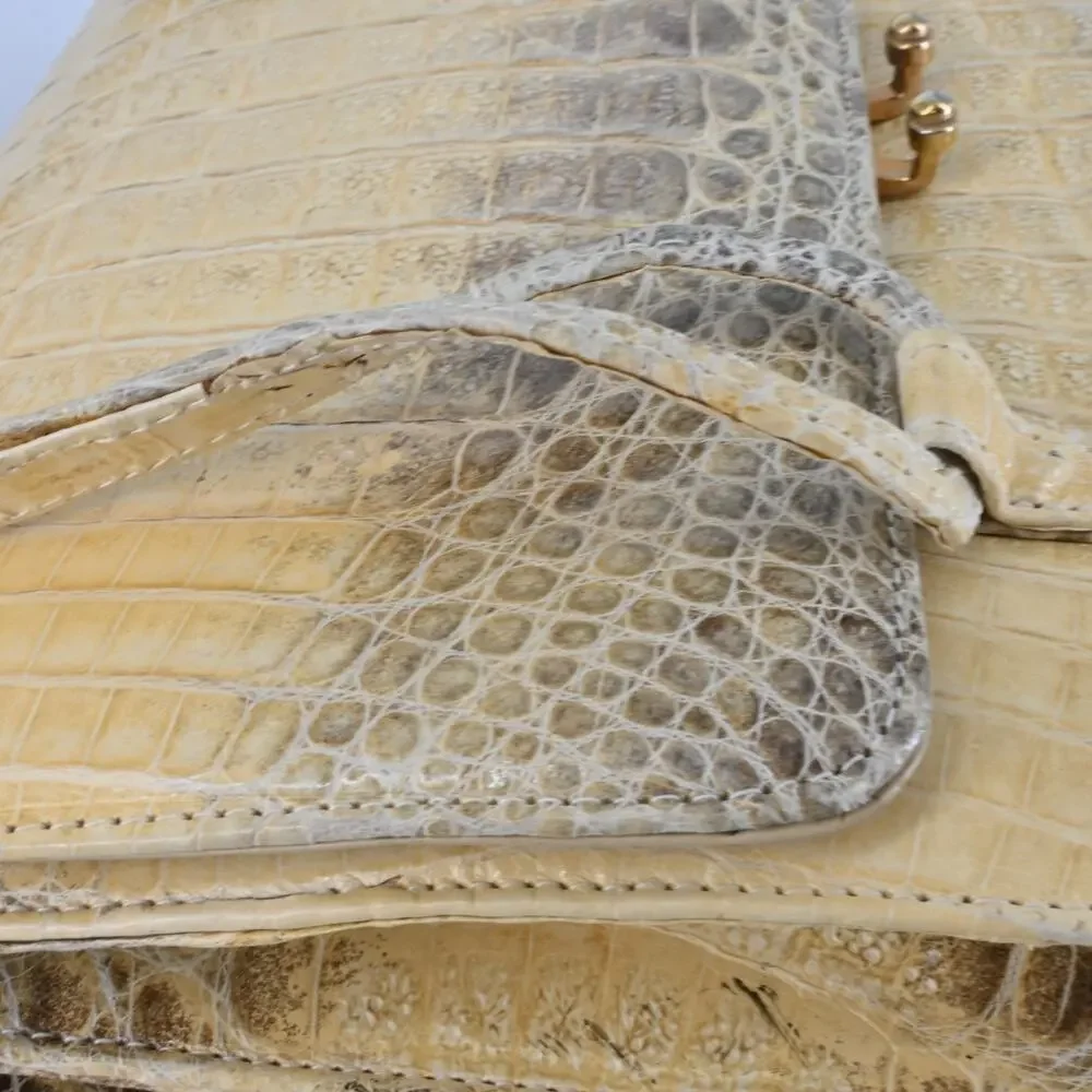 Beige Croc Leather Top Handle Bag